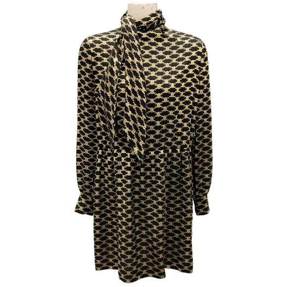CELINE BLACK / GOLD METALLIC FALL WINTER 2022 TRIOMPE LOGO TIE NECK SILK DRESS - Picture 1 of 7